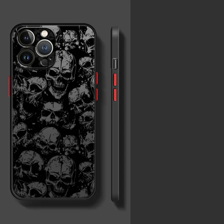 Matte Black Skull Phone Case for iPhone 17, 16, 15 & 14 | Faux Leather Gothic Anti-Scratch Cover