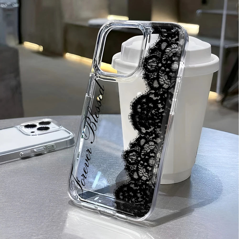 Black Lace Phone Case for iPhone 17, 16, 15 & 14 Pro Max | Shockproof Transparent Silicone Bumper Cover