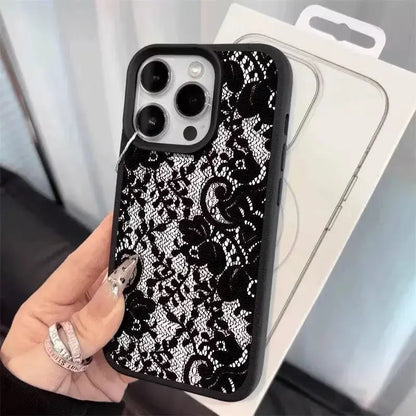 Elegant Black Lace Floral Phone Case for iPhone 17, 16, 15, 14, 13, 12 & 11 Pro Max | Shockproof Soft TPU Protective Cover