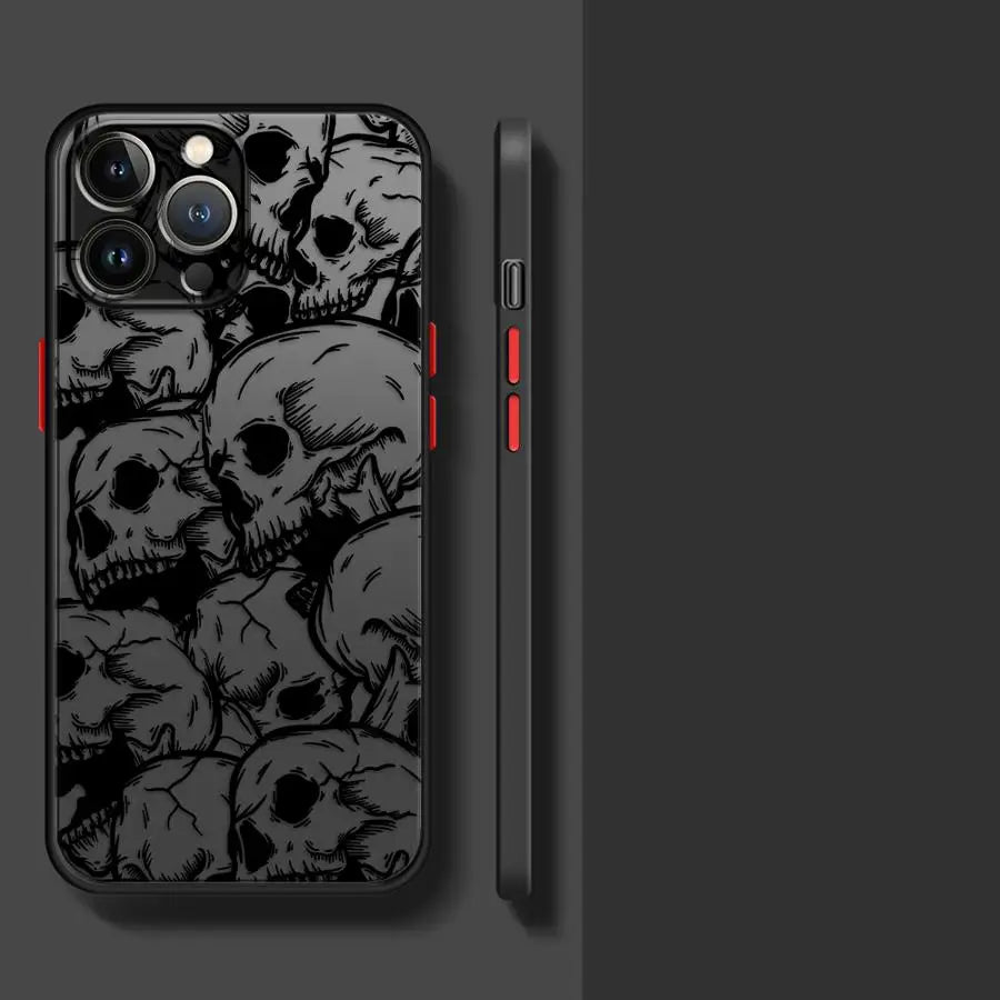 Matte Black Skull Phone Case for iPhone 17, 16, 15 & 14 | Faux Leather Gothic Anti-Scratch Cover