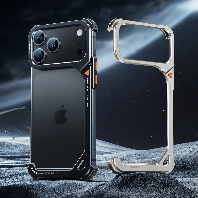 9-Shaped Metal Phone Case for iPhone 17 Pro & Pro Max | Minimalist Frameless MagSafe Bumper Case with Stand