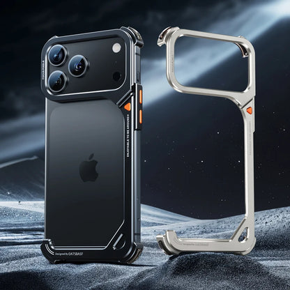 9-Shaped Metal Phone Case for iPhone 17 Pro & Pro Max | Minimalist Frameless MagSafe Bumper Case with Stand