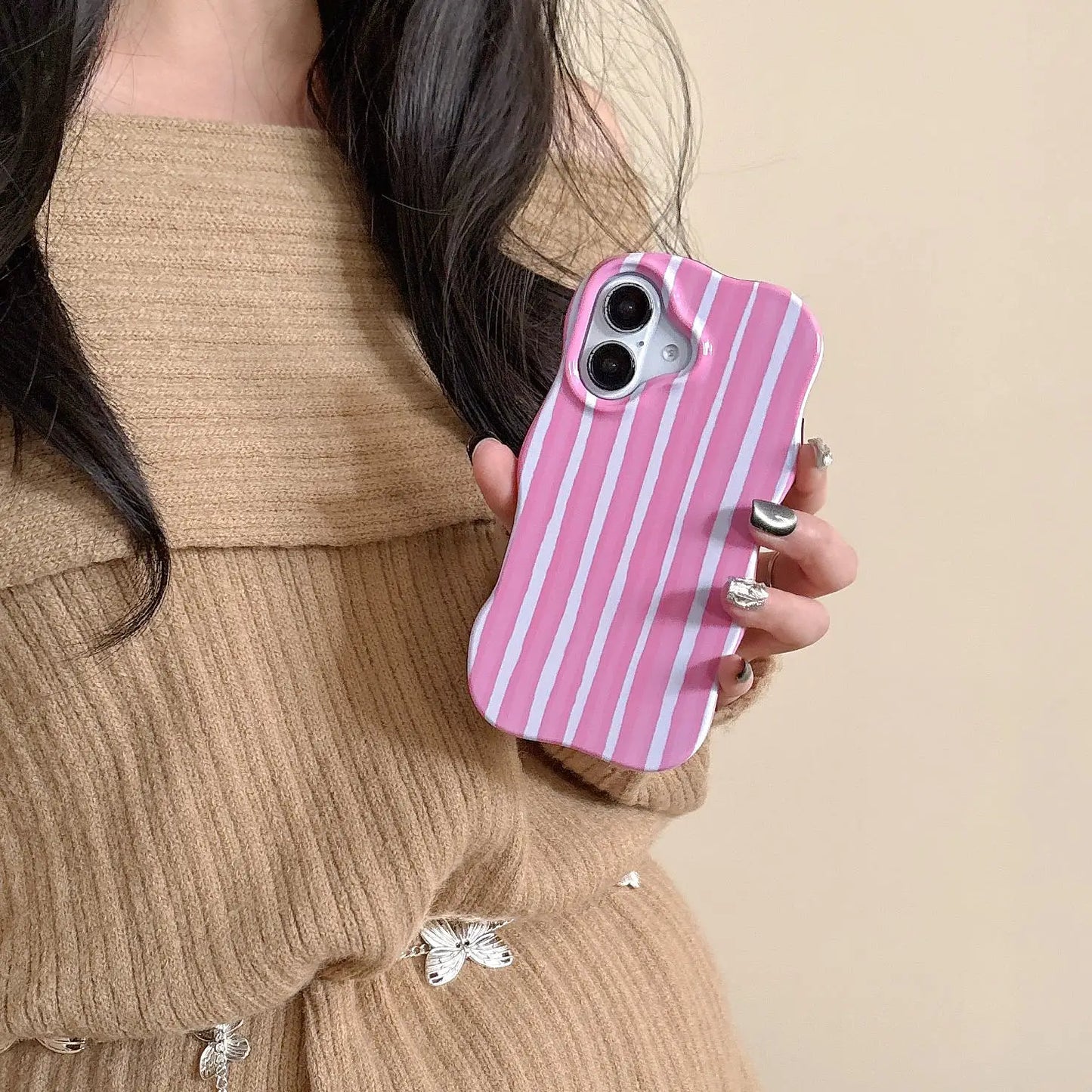 2-in-1 Glossy Striped Phone Case for iPhone 16, 15, 14 & 13 Pro Max | Slim Hard Protective Cover with Wavy Edges