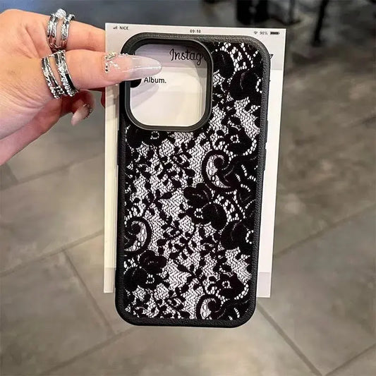 Elegant Black Lace Floral Phone Case for iPhone 17, 16, 15, 14, 13, 12 & 11 Pro Max | Shockproof Soft TPU Protective Cover