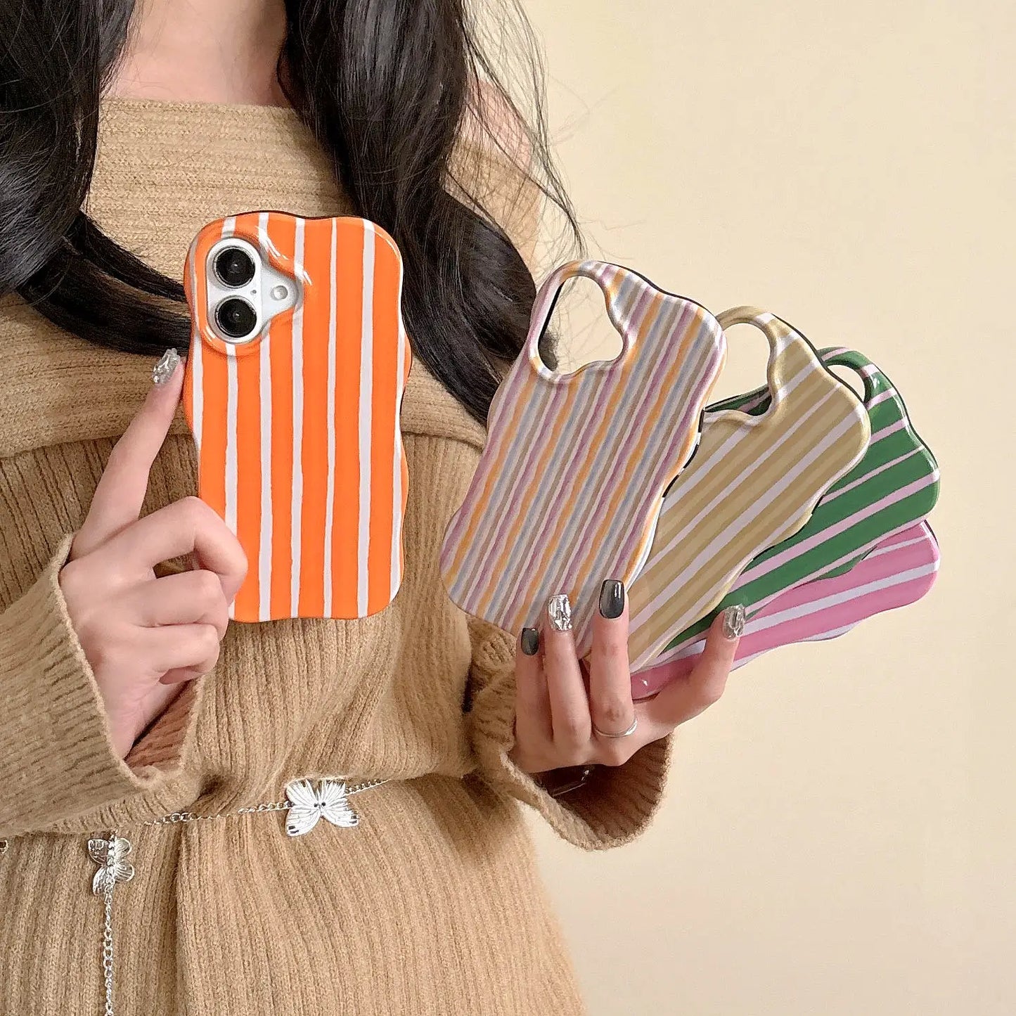 2-in-1 Glossy Striped Phone Case for iPhone 16, 15, 14 & 13 Pro Max | Slim Hard Protective Cover with Wavy Edges