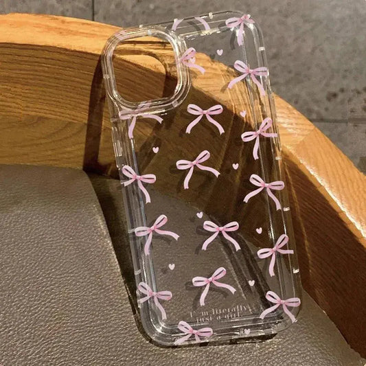 Cute Pink Heart Bow Phone Case for iPhone 17, 16, 15, 14, 13, 12 & 11 Pro Max | Clear Shockproof Soft Protective Cover