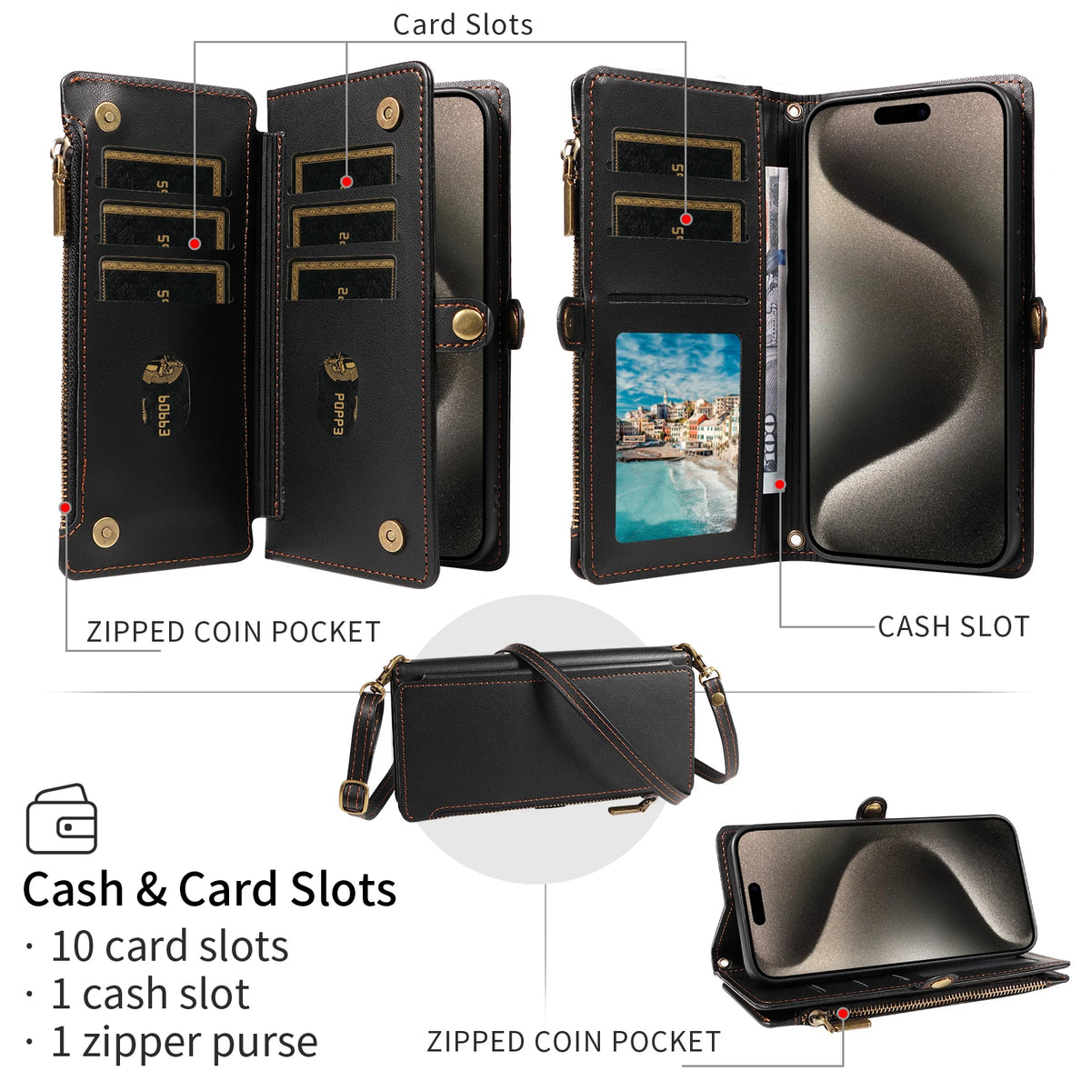 Crossbody wallet phone case for iPhone 17 Pro Max showing interior card slots, cash slot, and zipped coin pocket.