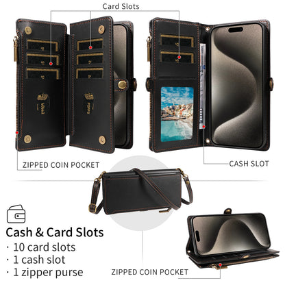 Crossbody wallet phone case for iPhone 17 Pro Max showing interior card slots, cash slot, and zipped coin pocket.