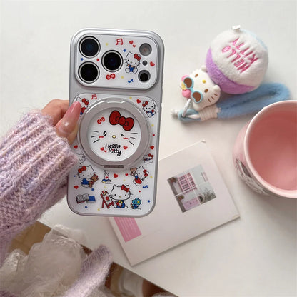 Korean Cartoon Cat Phone Case with Rotating Stand for iPhone 17, 16, 15, 14 & 13 Pro Max | Cute Kawaii Protective Cover