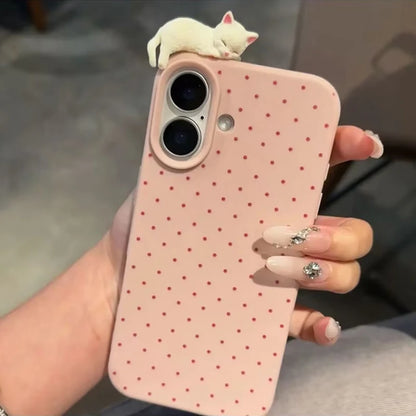 Cute Korean Polka Dot Cat Phone Case for iPhone 17, 16, 15, 14 & 13 Pro Max | 3D Cartoon Shockproof Protective Cover
