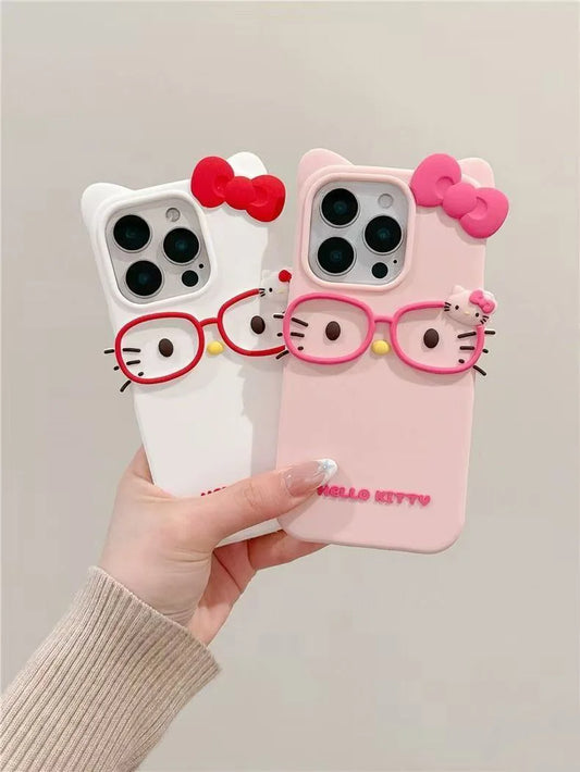 3D Glasses Cat Phone Case for iPhone 17, 16, 15 & 14 Pro Max | Cute Silicone Cartoon Shockproof Protective Cover
