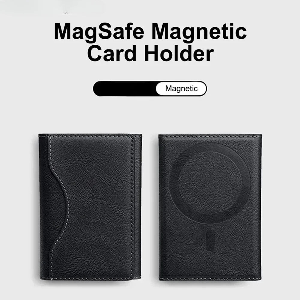 MagSafe leather wallet case showing front and back views of a black leather-style magnetic card holder.