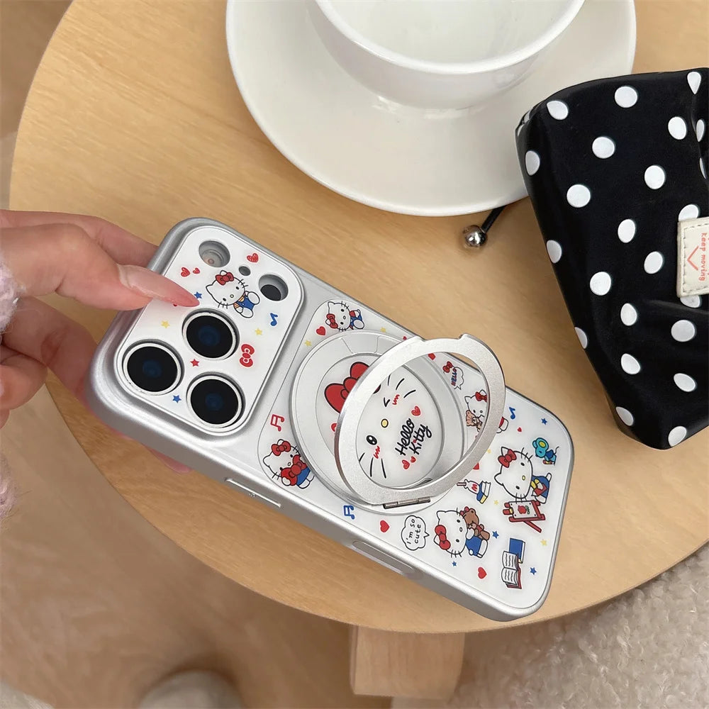 Korean Cartoon Cat Phone Case with Rotating Stand for iPhone 17, 16, 15, 14 & 13 Pro Max | Cute Kawaii Protective Cover