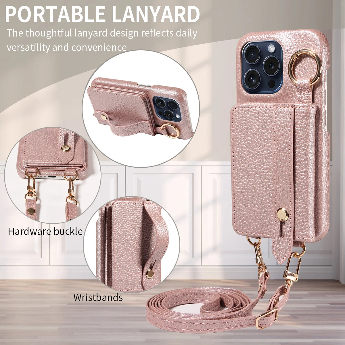 Crossbody Phone Case with Lanyard & Card Holder for iPhone 16 Pro Max, 15, 14 & 13 | Shockproof Leather-Style Cover