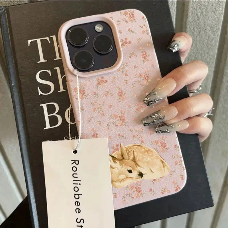 Cute Deer Floral Phone Case for iPhone 17, 16, 15, 14 & 13 Pro Max | Shockproof Flower Pattern Protective Cover