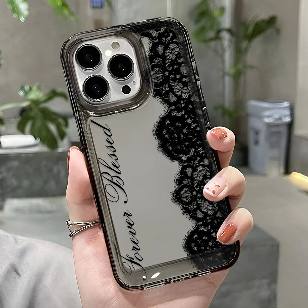 Black Lace Phone Case for iPhone 17, 16, 15 & 14 Pro Max | Shockproof Transparent Silicone Bumper Cover