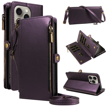 Crossbody wallet phone case for iPhone 17 Pro Max in purple with card slots and zippered compartment.