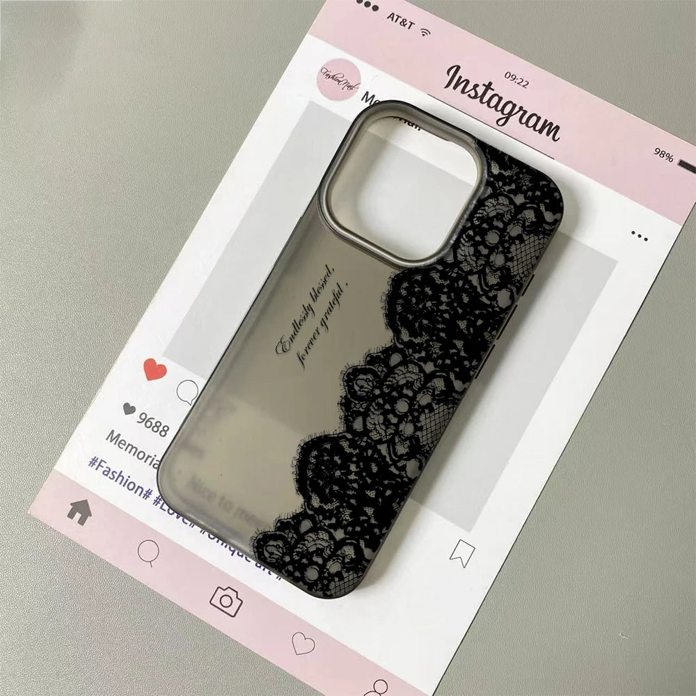 Black Lace Floral Phone Case for iPhone 17, 16, 15, 14 & 13 Pro Max | Soft Silicone Clear Protective Cover