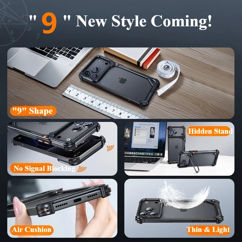9-Shaped Metal Phone Case for iPhone 17 Pro & Pro Max | Minimalist Frameless MagSafe Bumper Case with Stand