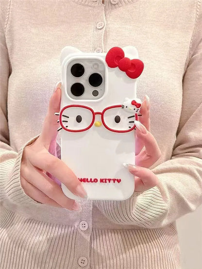 3D Glasses Cat Phone Case for iPhone 17, 16, 15 & 14 Pro Max | Cute Silicone Cartoon Shockproof Protective Cover