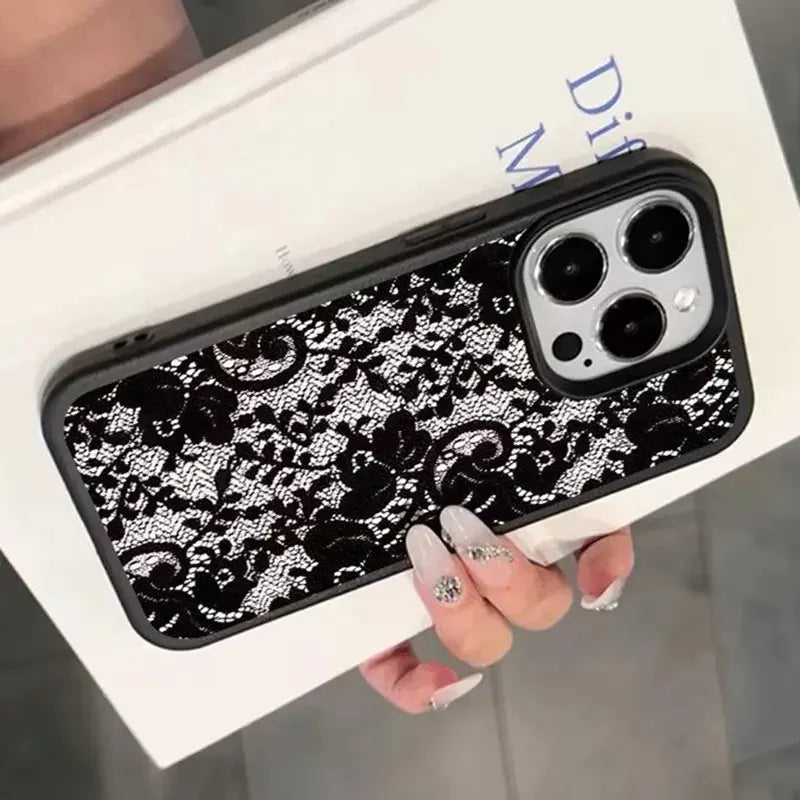 Elegant Black Lace Floral Phone Case for iPhone 17, 16, 15, 14, 13, 12 & 11 Pro Max | Shockproof Soft TPU Protective Cover