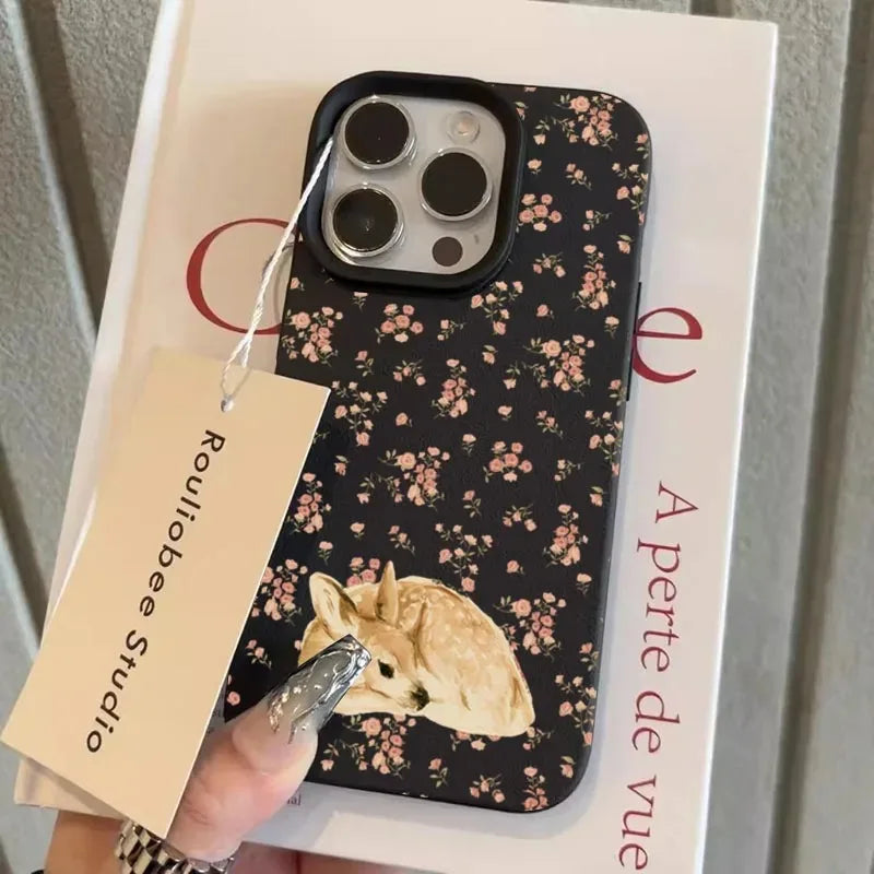 Cute Deer Floral Phone Case for iPhone 17, 16, 15, 14 & 13 Pro Max | Shockproof Flower Pattern Protective Cover