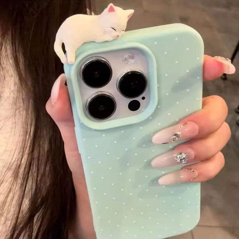 Cute Korean Polka Dot Cat Phone Case for iPhone 17, 16, 15, 14 & 13 Pro Max | 3D Cartoon Shockproof Protective Cover