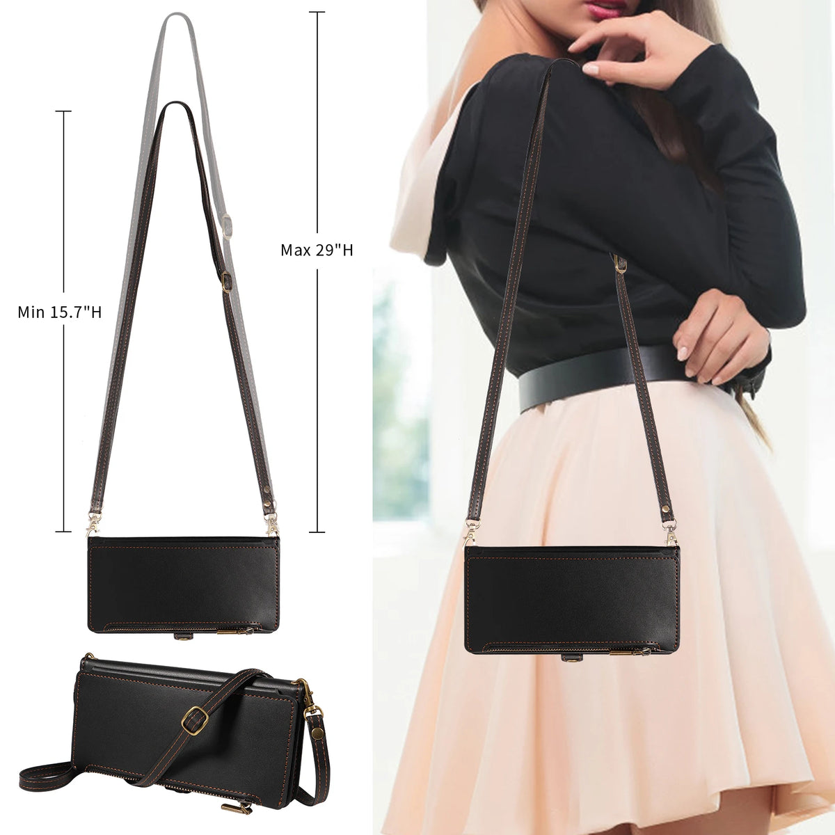 Crossbody Wallet Phone Case for iPhone 17 Pro Max displayed on model with adjustable strap.