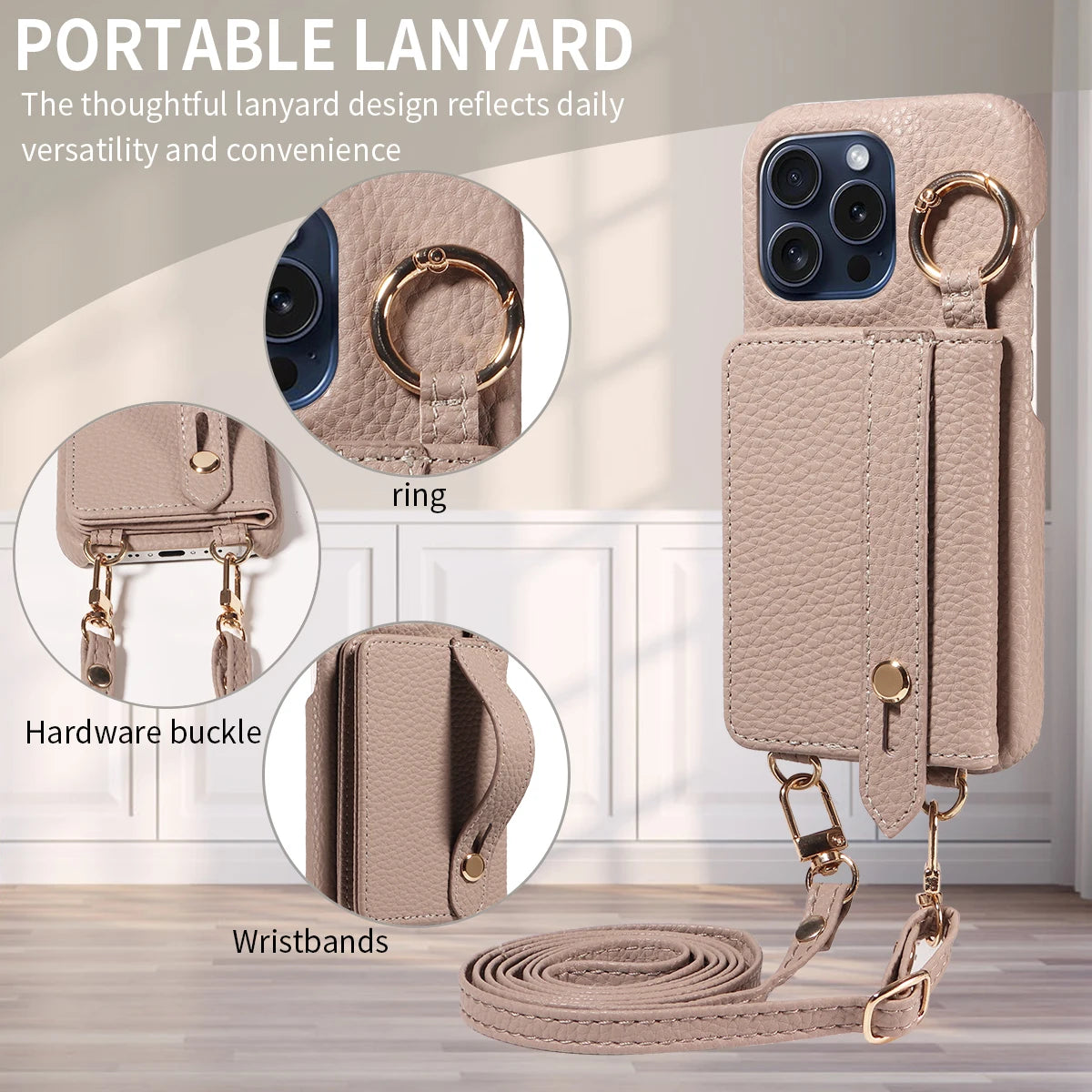 Crossbody Phone Case with Lanyard & Card Holder for iPhone 16 Pro Max, 15, 14 & 13 | Shockproof Leather-Style Cover