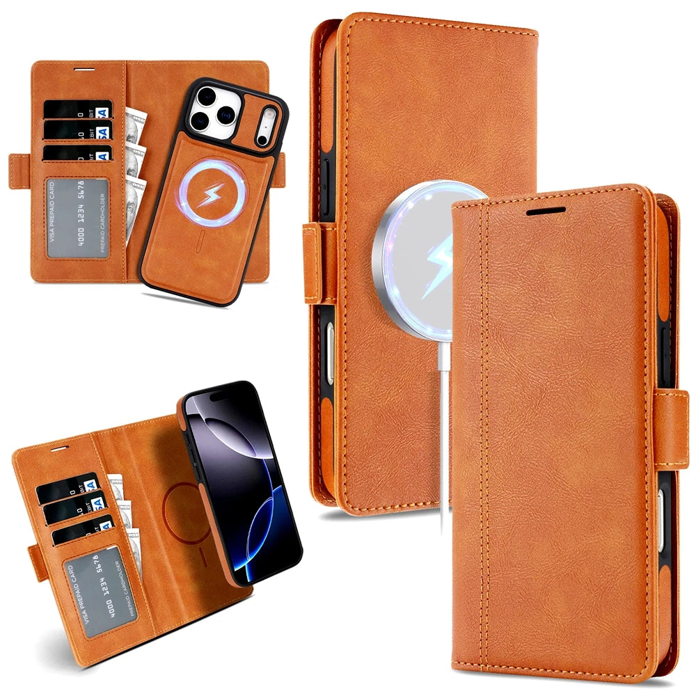 2-in-1 MagSafe Wallet Case for iPhone 17, 16, 15, 14, 13 & 12 Pro Max | Detachable Leather Card Holder Flip Cover