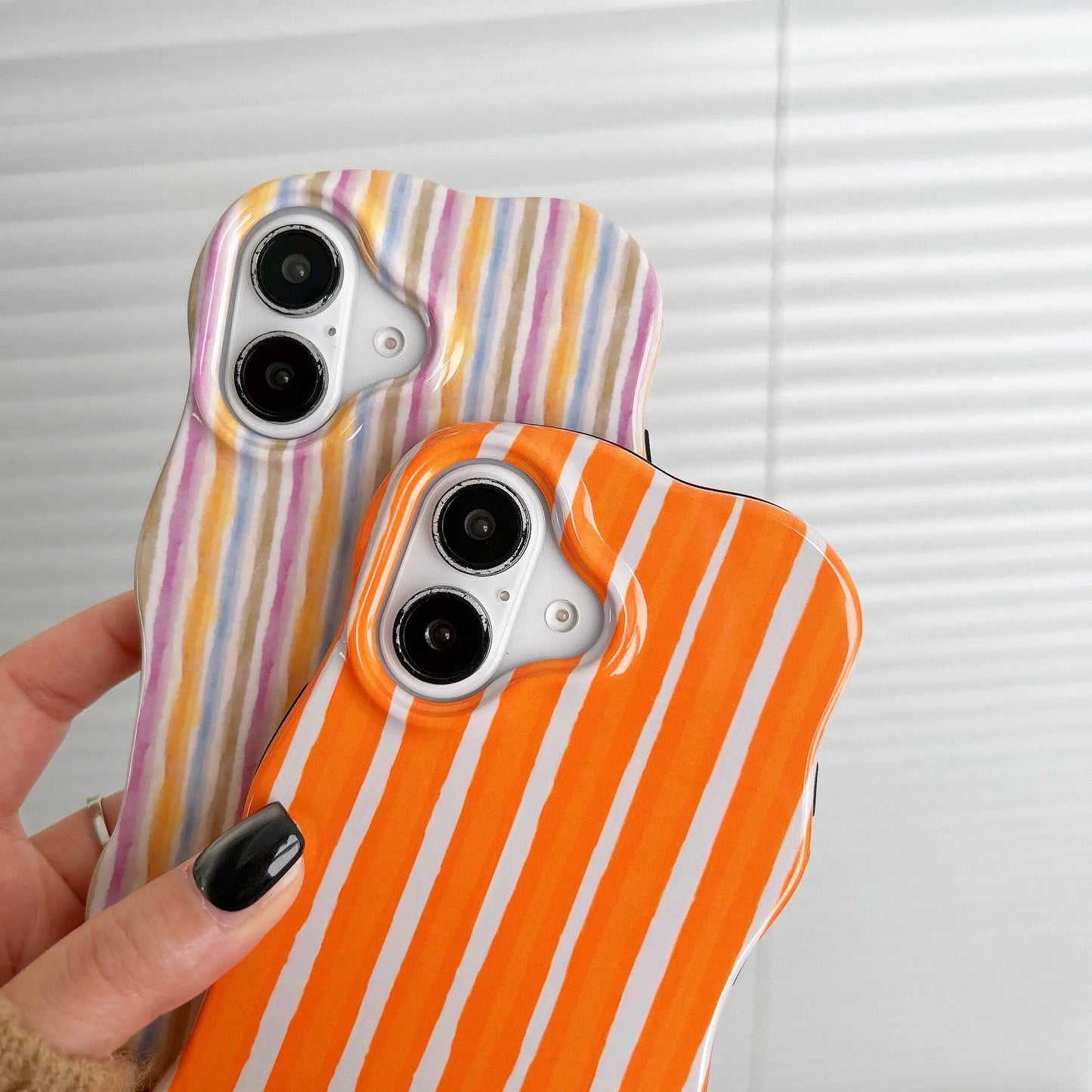 2-in-1 Glossy Striped Phone Case for iPhone 16, 15, 14 & 13 Pro Max | Slim Hard Protective Cover with Wavy Edges