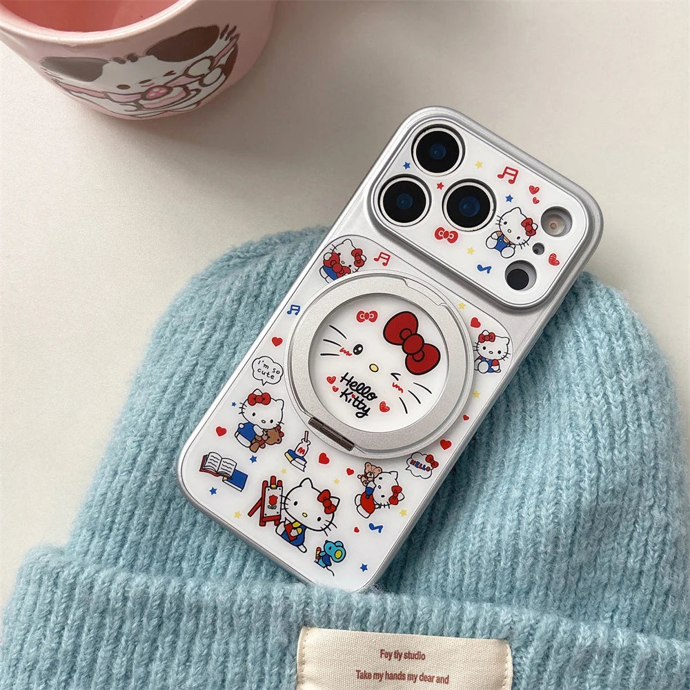 Korean Cartoon Cat Phone Case with Rotating Stand for iPhone 17, 16, 15, 14 & 13 Pro Max | Cute Kawaii Protective Cover