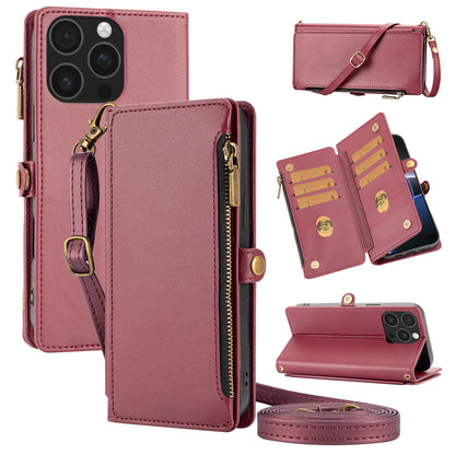 Crossbody wallet phone case for iPhone 17 Pro Max in stylish burgundy with card slots and zippered compartment.