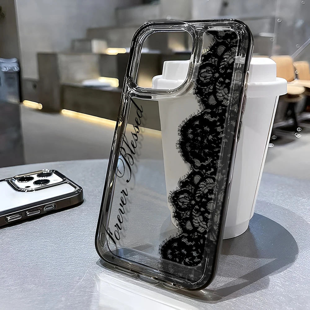 Black Lace Phone Case for iPhone 17, 16, 15 & 14 Pro Max | Shockproof Transparent Silicone Bumper Cover