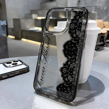 Black Lace Phone Case for iPhone 17, 16, 15 & 14 Pro Max | Shockproof Transparent Silicone Bumper Cover