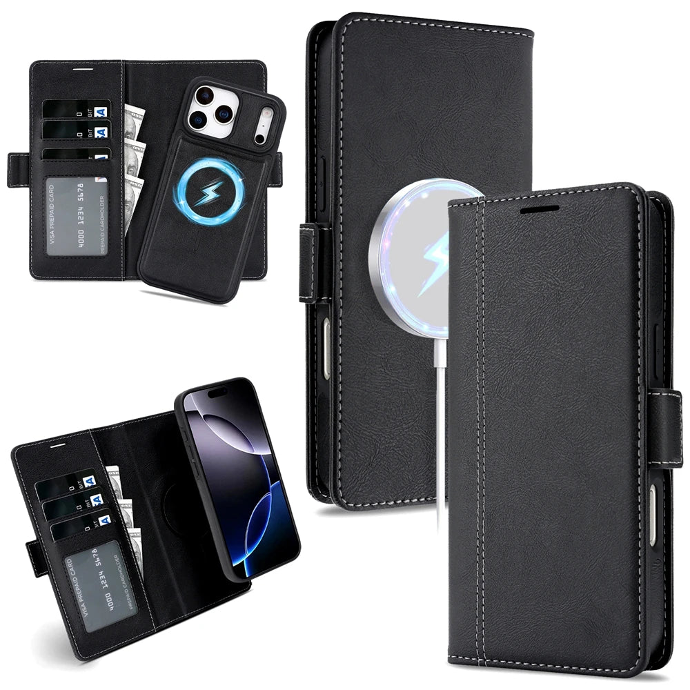 2-in-1 MagSafe Wallet Case for iPhone 17, 16, 15, 14, 13 & 12 Pro Max | Detachable Leather Card Holder Flip Cover