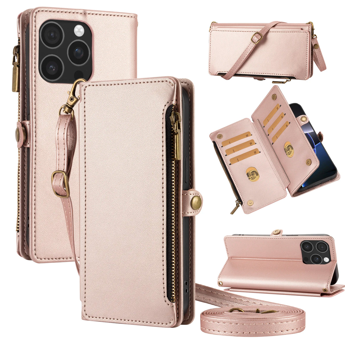 Crossbody Wallet Phone Case for iPhone 17 Pro Max with card slots and zipper compartment in elegant rose gold design.