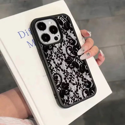 Elegant Black Lace Floral Phone Case for iPhone 17, 16, 15, 14, 13, 12 & 11 Pro Max | Shockproof Soft TPU Protective Cover