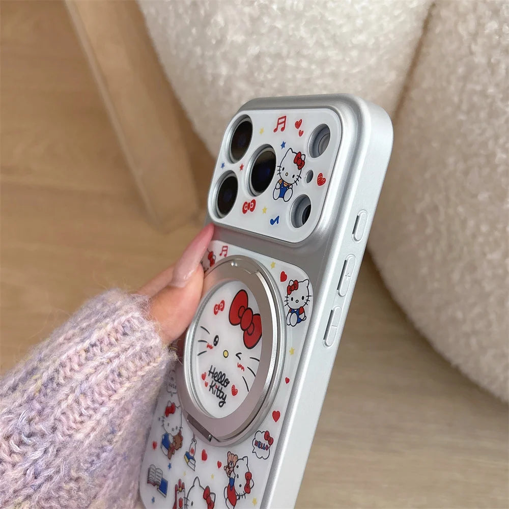Korean Cartoon Cat Phone Case with Rotating Stand for iPhone 17, 16, 15, 14 & 13 Pro Max | Cute Kawaii Protective Cover