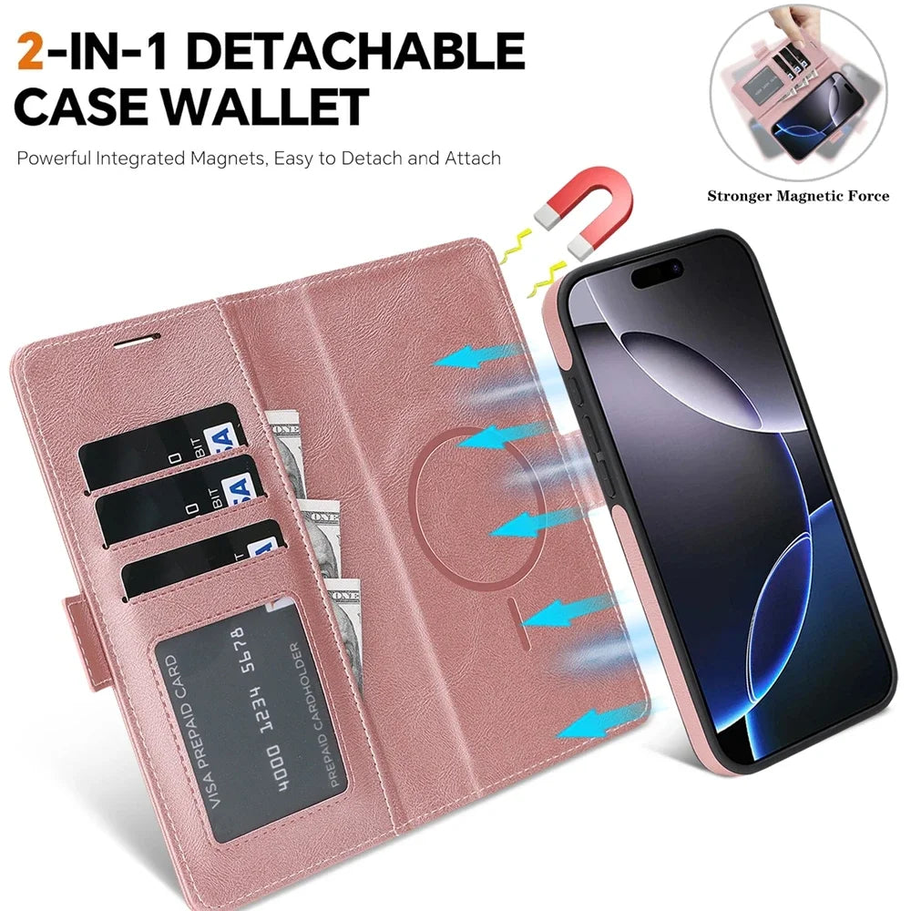 2-in-1 MagSafe Wallet Case for iPhone 17, 16, 15, 14, 13 & 12 Pro Max | Detachable Leather Card Holder Flip Cover