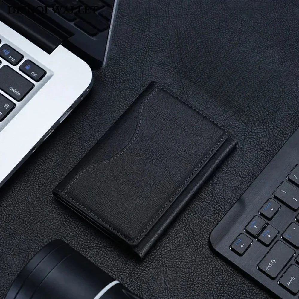MagSafe leather wallet case placed on a desk beside a laptop and keyboard, showcasing its sleek design.
