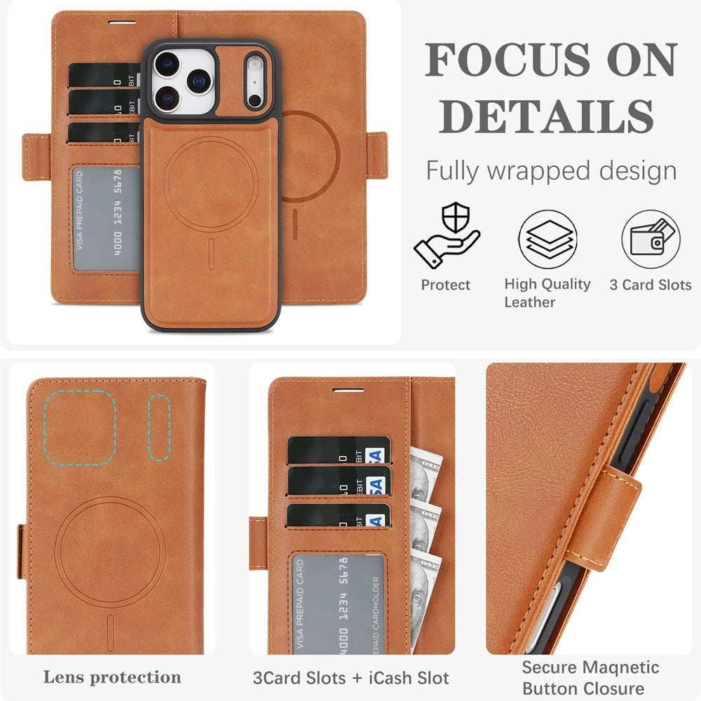 2-in-1 MagSafe Wallet Case for iPhone 17, 16, 15, 14, 13 & 12 Pro Max | Detachable Leather Card Holder Flip Cover