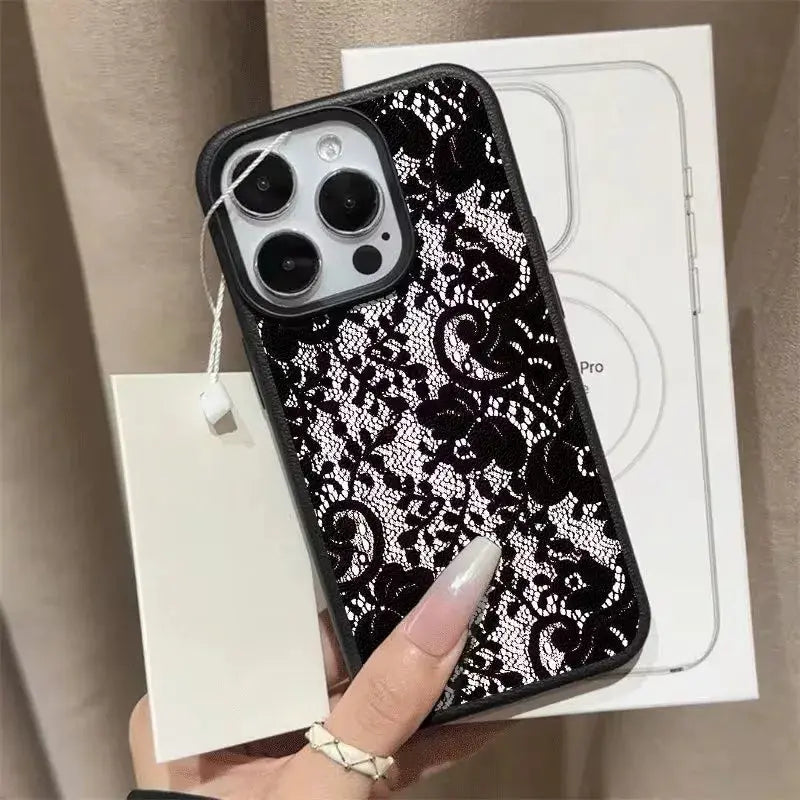 Elegant Black Lace Floral Phone Case for iPhone 17, 16, 15, 14, 13, 12 & 11 Pro Max | Shockproof Soft TPU Protective Cover