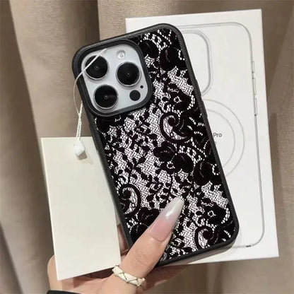 Elegant Black Lace Floral Phone Case for iPhone 17, 16, 15, 14, 13, 12 & 11 Pro Max | Shockproof Soft TPU Protective Cover