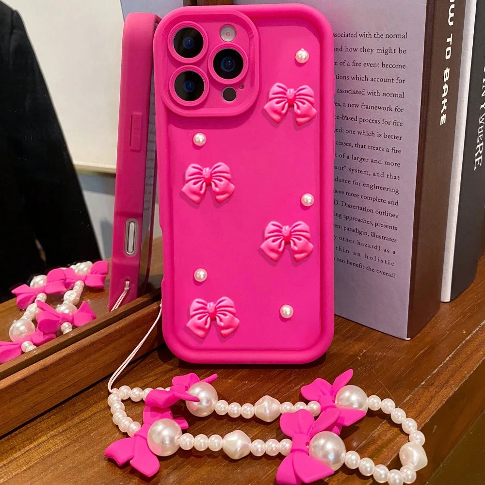 Korean 3D Bow Pearl Phone Case for iPhone 17, 16, 15, 14, 13 & 12 Pro Max | Cute Silicone Case with Lanyard