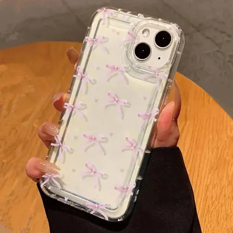 Cute Pink Heart Bow Phone Case for iPhone 17, 16, 15, 14, 13, 12 & 11 Pro Max | Clear Shockproof Soft Protective Cover