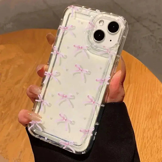 Cute Pink Heart Bow Phone Case for iPhone 17, 16, 15, 14, 13, 12 & 11 Pro Max | Clear Shockproof Soft Protective Cover