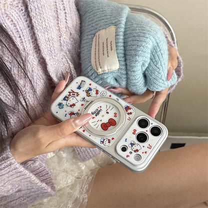 Korean Cartoon Cat Phone Case with Rotating Stand for iPhone 17, 16, 15, 14 & 13 Pro Max | Cute Kawaii Protective Cover