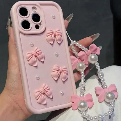 Korean 3D Bow Pearl Phone Case for iPhone 17, 16, 15, 14, 13 & 12 Pro Max | Cute Silicone Case with Lanyard