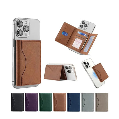 MagSafe leather wallet case displayed on an iPhone Pro Max, showcasing card storage and various color options.